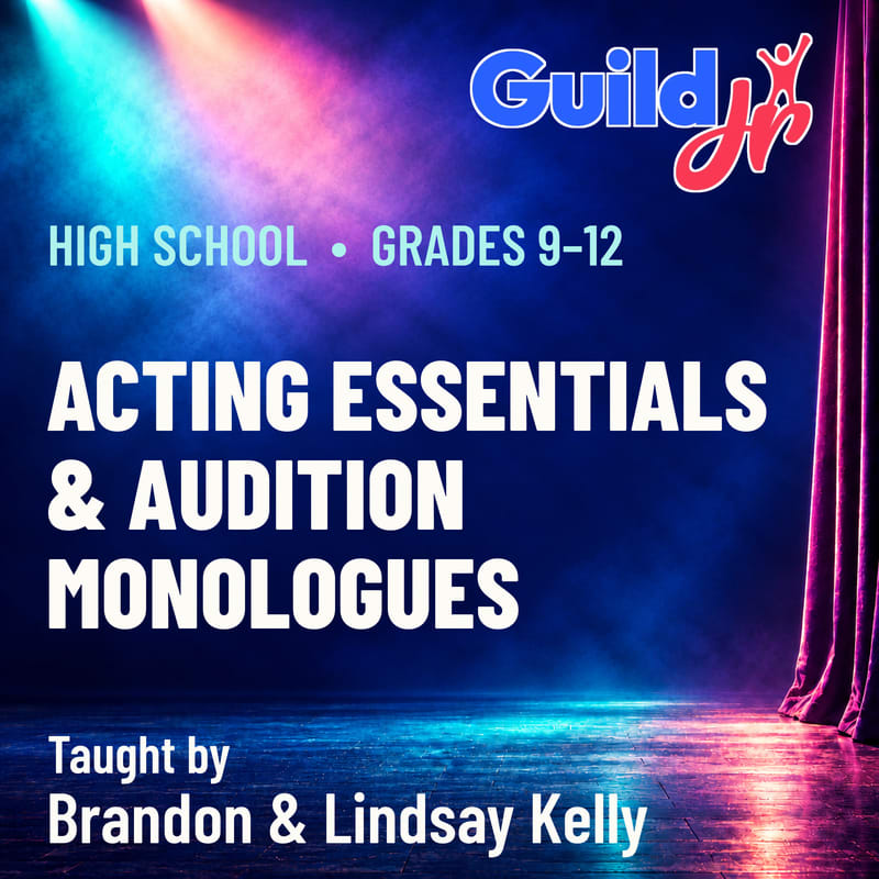 White and blue text promoting an acting course sits in the foreground against a background of a dark stage with colorful spotlights and a red curtain.