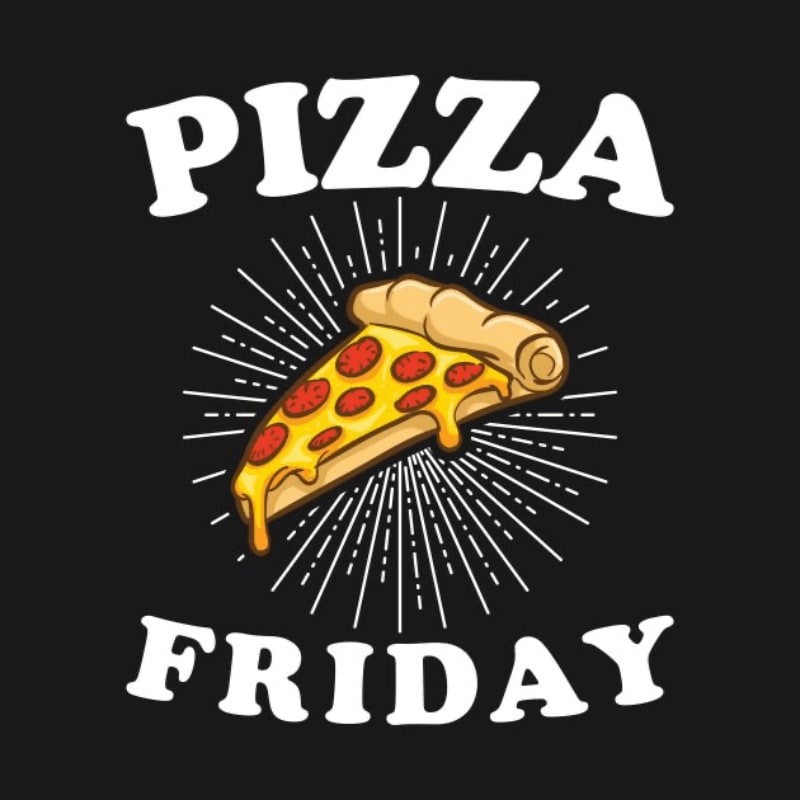 A slice of pepperoni pizza with melting cheese sits centered against a black background with white radiating lines and the words "PIZZA FRIDAY" in bold white text.