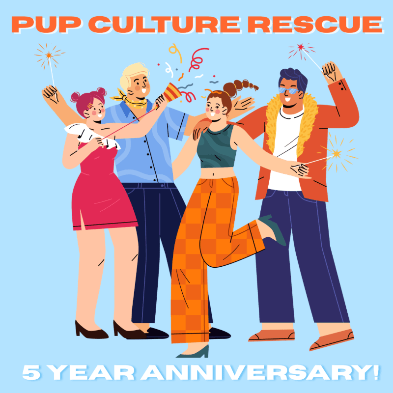 Four people celebrate with party poppers and sparklers against a light blue background with "PUP CULTURE RESCUE" and "5 YEAR ANNIVERSARY!" text.