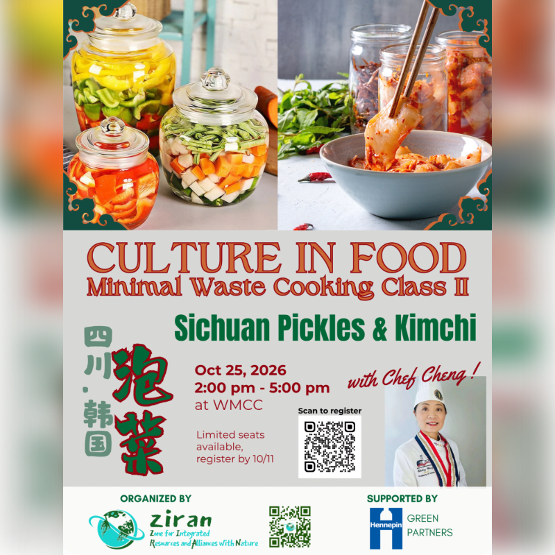 A promotional flyer for a cooking class features jars of pickled vegetables and a bowl of kimchi in the foreground, with event details and a photo of Chef Cheng in the background.