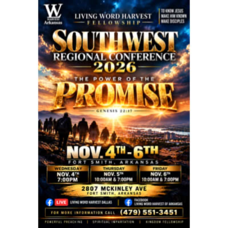 A promotional flyer for the 2026 Southwest Regional Conference features bold gold text in the foreground and a silhouette of people walking toward a glowing horizon over a city in the background.