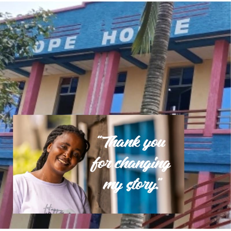 A smiling young woman with braided hair is superimposed in the foreground over a blue and pink building labeled "HOPE HOME."