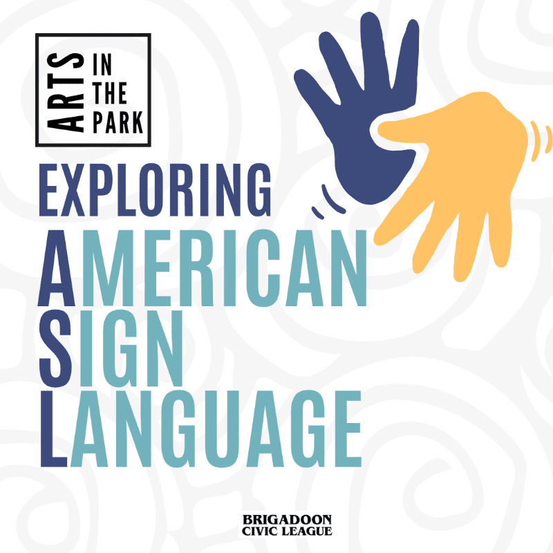 Blue and yellow hand illustrations and text promoting "Exploring American Sign Language" are set against a white background with subtle grey swirls.