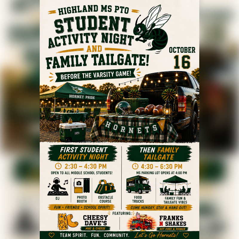 A promotional flyer for a school event features a tailgating scene with a black truck and green tent in the foreground, set against a soft-focus outdoor background.