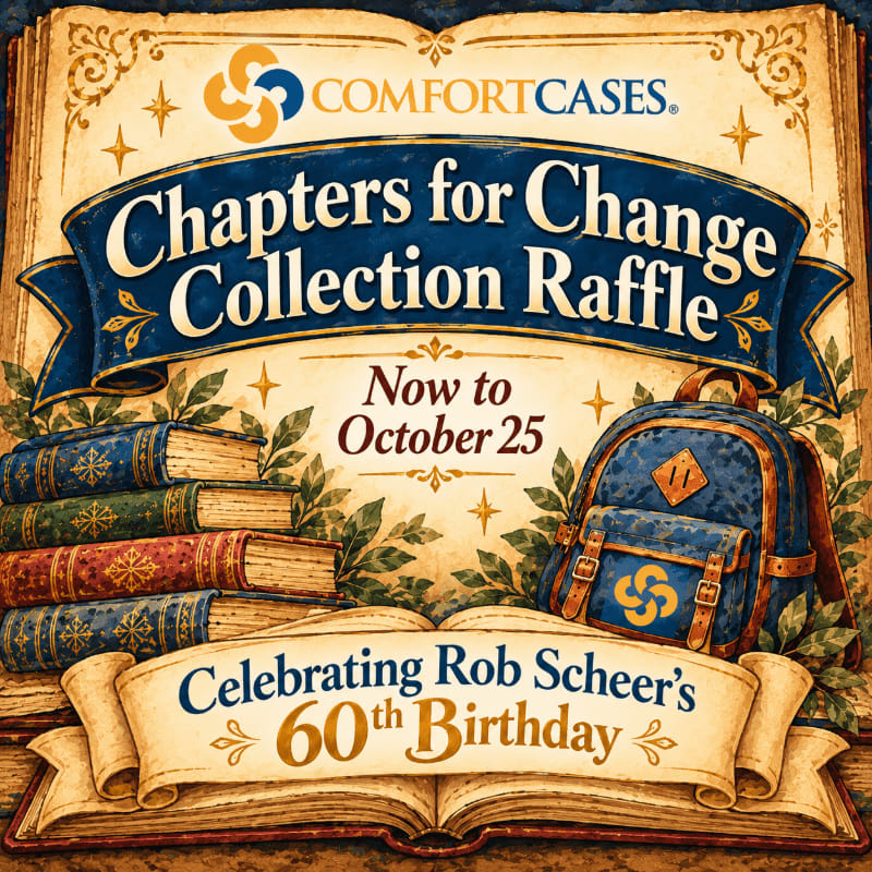 A blue backpack and a stack of old books sit in the foreground of an open, aged book featuring text for a "Chapters for Change Collection Raffle" celebrating Rob Scheer's 60th birthday.