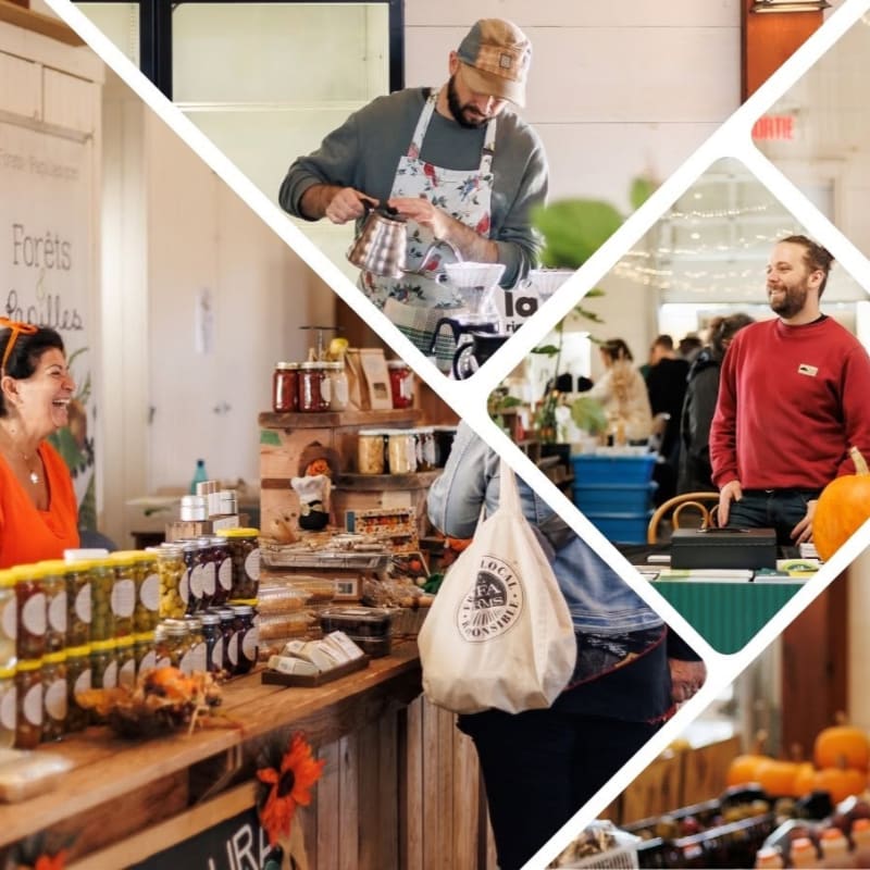 A collage features a man brewing coffee and a woman laughing in a rustic market setting, alongside a man in a red sweater standing near pumpkins.