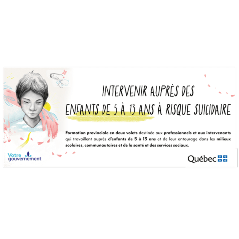 A sketch of a somber child is positioned on the left against a white background featuring French text and government logos.