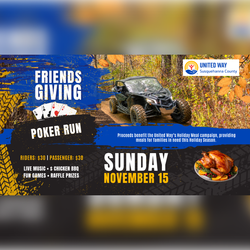 An event flyer for a "Friends Giving Poker Run" features a black UTV in a wooded autumn landscape, with event details and a roasted turkey in the foreground.