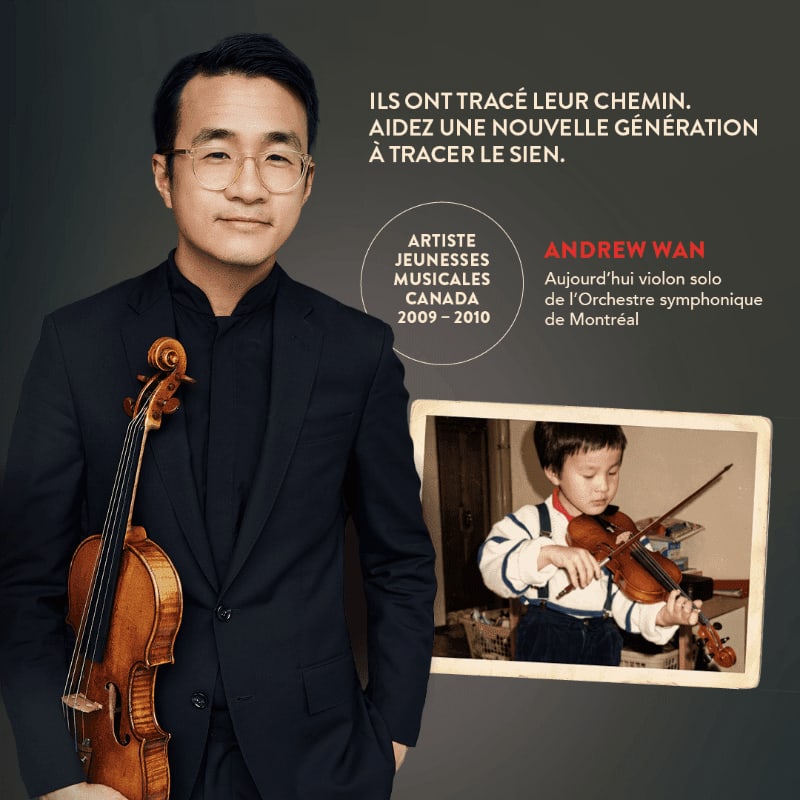 A man in a dark suit holding a violin stands in the foreground against a dark grey background featuring French text and a childhood photo of himself playing the violin.