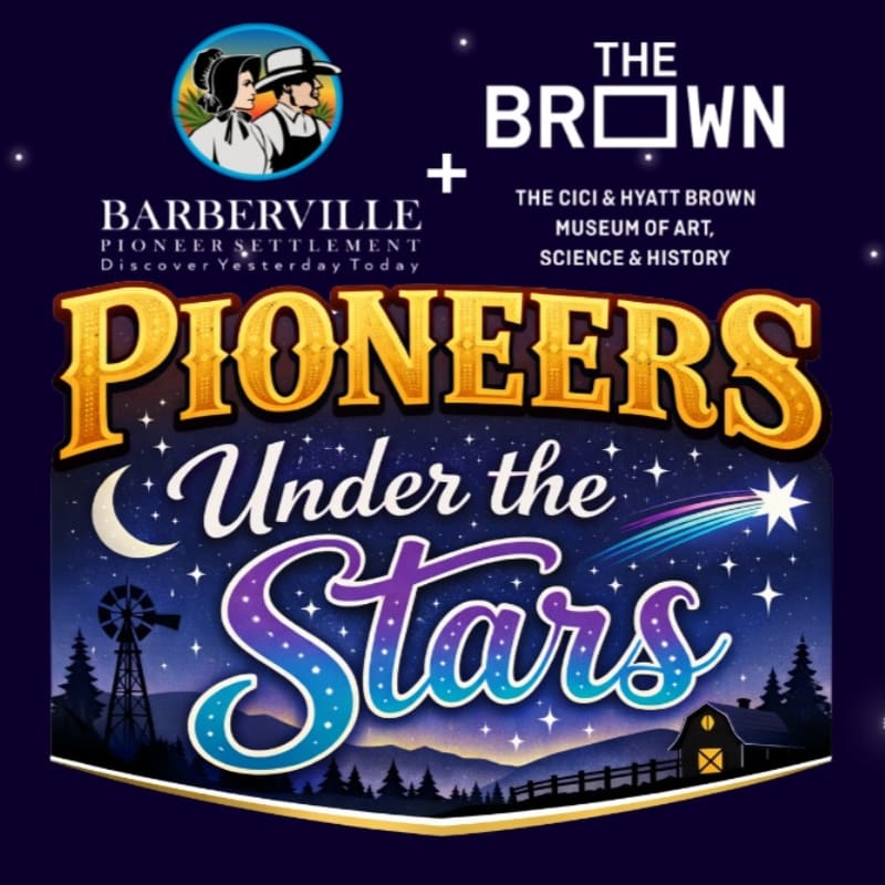 Bold gold and blue text reading "Pioneers Under the Stars" sits in the foreground against a dark night sky background featuring a crescent moon, stars, a windmill, and a barn.
