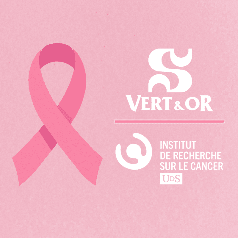 A pink breast cancer awareness ribbon and white logos are centered against a textured light pink background.