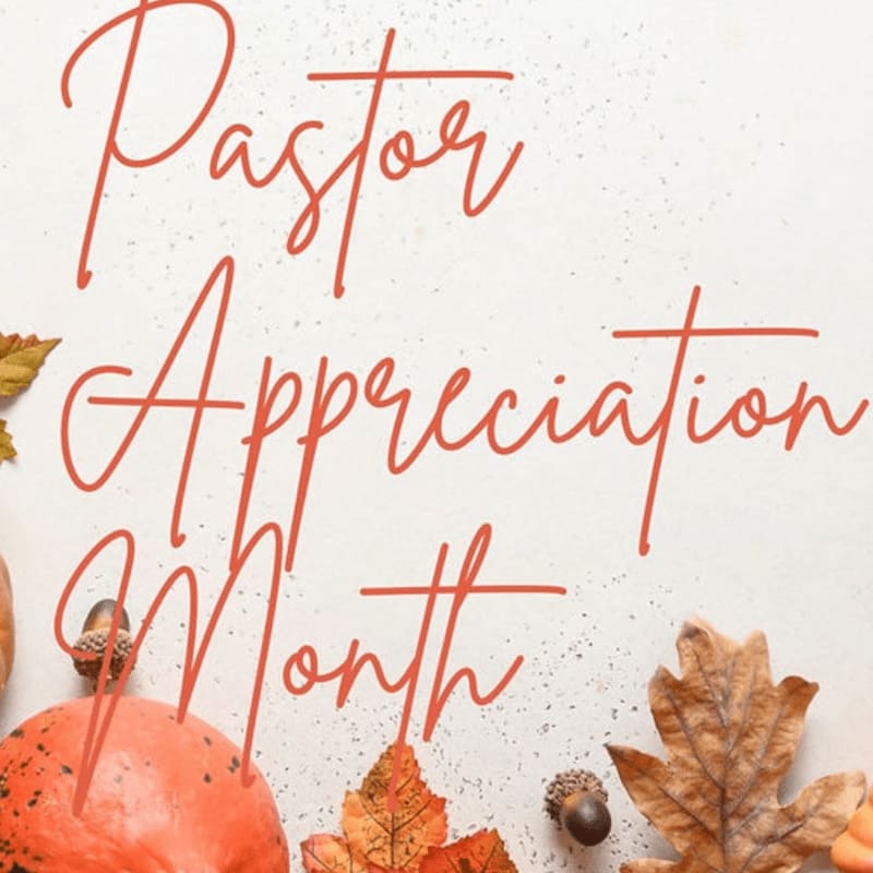 Orange cursive text reading "Pastor Appreciation Month" is layered over a white background with autumn leaves, acorns, and a pumpkin in the foreground.