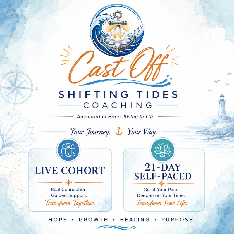 A watercolor background with a lighthouse and waves frames the "Cast Off Shifting Tides Coaching" logo and two service options, "Live Cohort" and "21-Day Self-Paced," in the foreground.