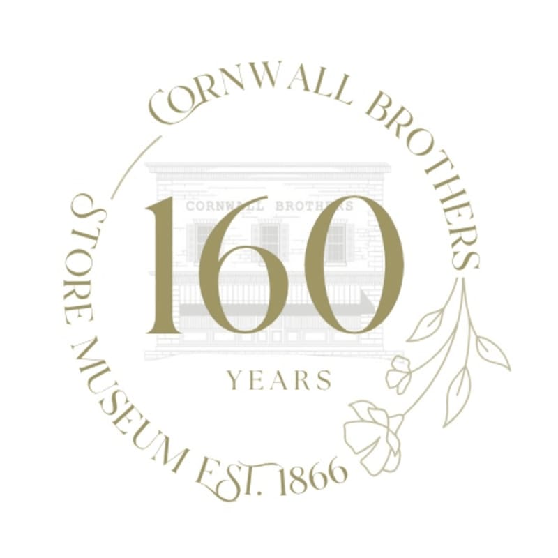 A gold "160 YEARS" logo with circular text and floral accents is layered over a faint architectural sketch of a building on a white background.