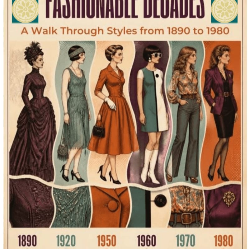 Six women wearing fashion styles from 1890 to 1980 stand in the foreground against a light-colored background with the text "FASHIONABLE DECADES."
