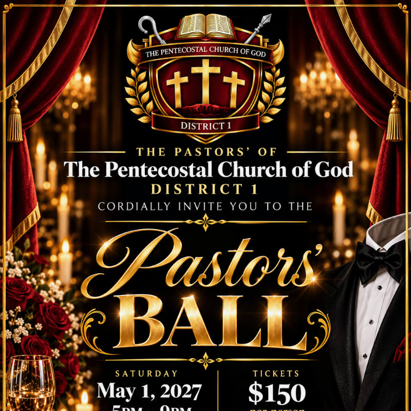 An elegant invitation for the Pastors' Ball features gold text and a church emblem in the foreground, set against a luxurious background of red velvet curtains, glowing candles, and chandeliers.