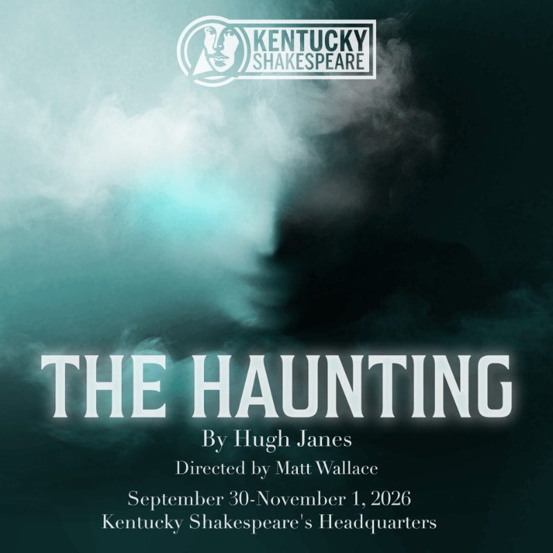 White text announcing a play titled "The Haunting" sits in the foreground against a background of eerie, swirling blue and grey smoke.