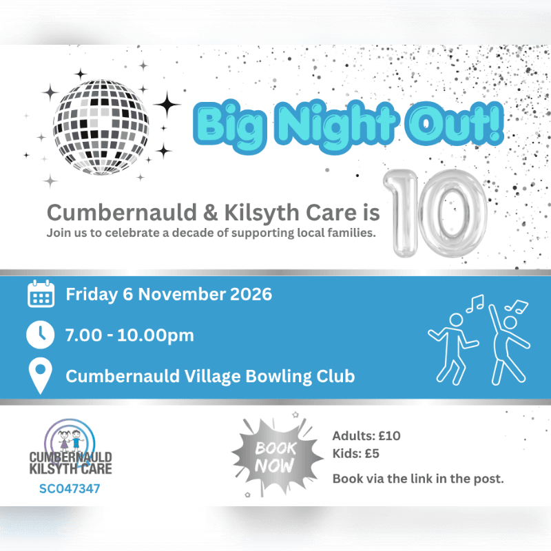 A promotional flyer for a "Big Night Out!" celebration featuring a disco ball and a silver "10" balloon in the foreground against a white speckled background.
