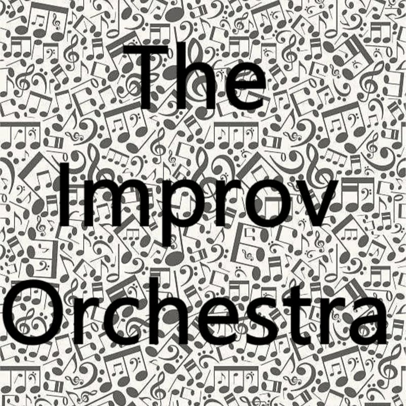 The text "The Improv Orchestra" is written in black across a background filled with scattered musical notes and symbols.