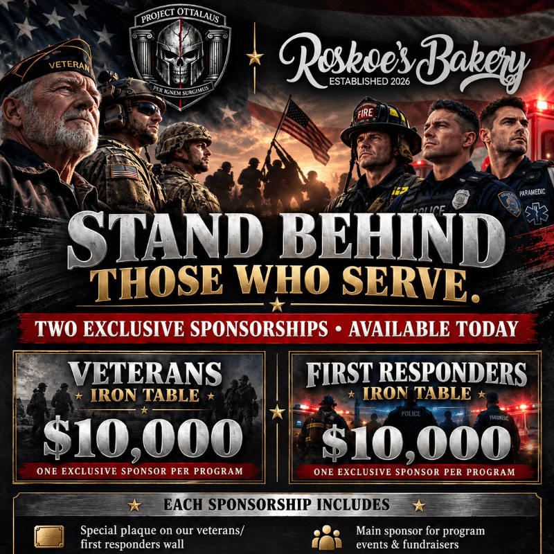 A promotional poster for sponsorships features service members and first responders in the foreground against a backdrop of the American flag.