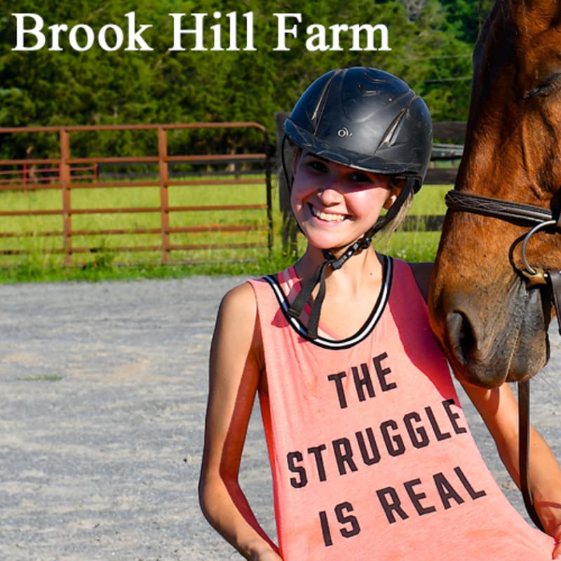 A smiling girl in a pink tank top stands next to a horse in front of a fence and trees.
