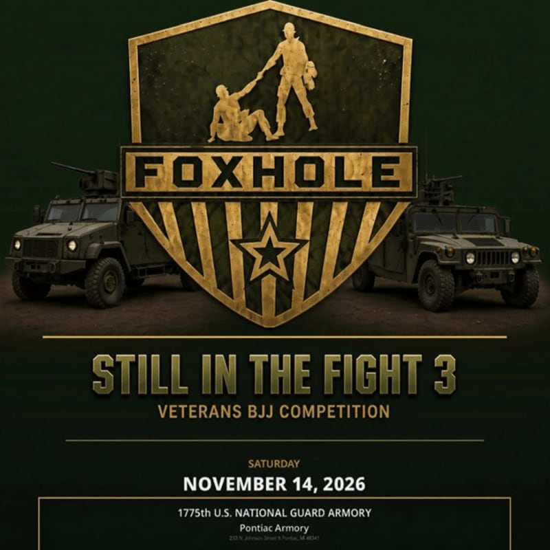 A gold "FOXHOLE" shield emblem sits between two military Humvees against a dark green background, with event details for a veterans BJJ competition listed below.