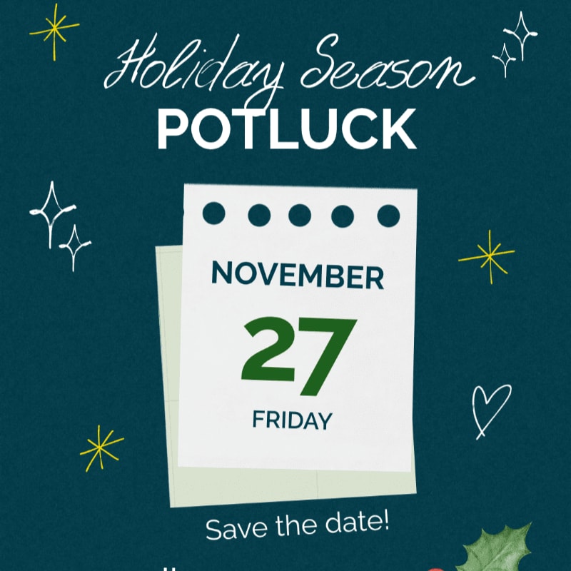 A white calendar page for Friday, November 27, sits in the foreground against a dark teal background featuring "Holiday Season POTLUCK" text and festive gold and white sparkles.