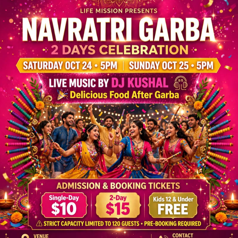 A colorful event flyer for Navratri Garba features people dancing in traditional attire in the foreground against a vibrant pink background with festive text and ticket pricing.