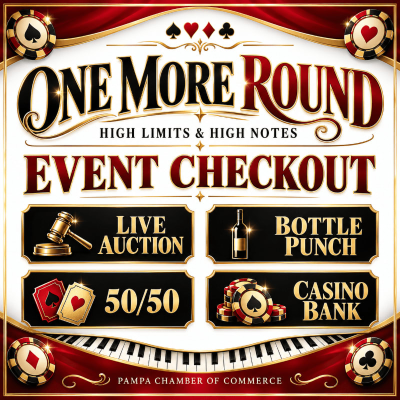 A promotional "Event Checkout" sign for "One More Round" features casino and auction categories in the foreground, set against a background of red curtains and a piano keyboard.