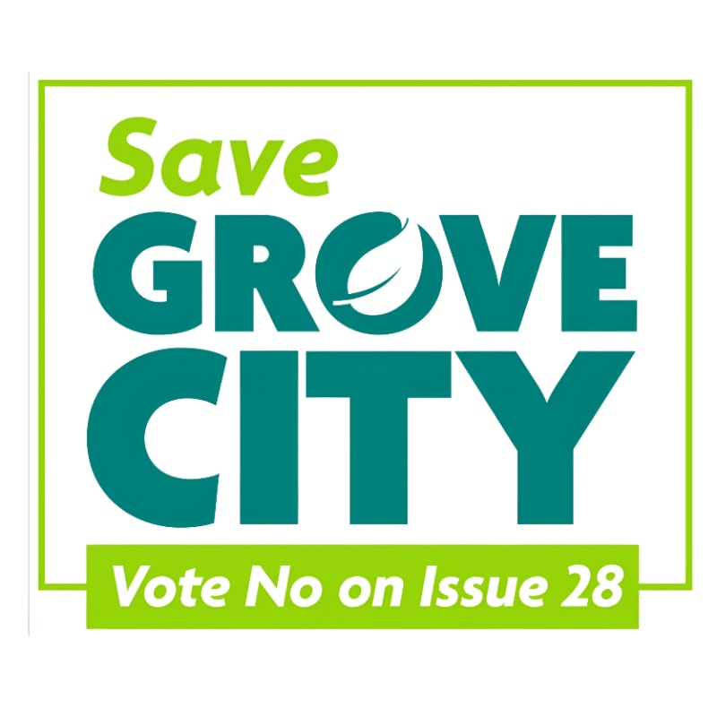 Green and teal text reading "Save GROVE CITY Vote No on Issue 28" is centered against a plain white background with a thin green border.