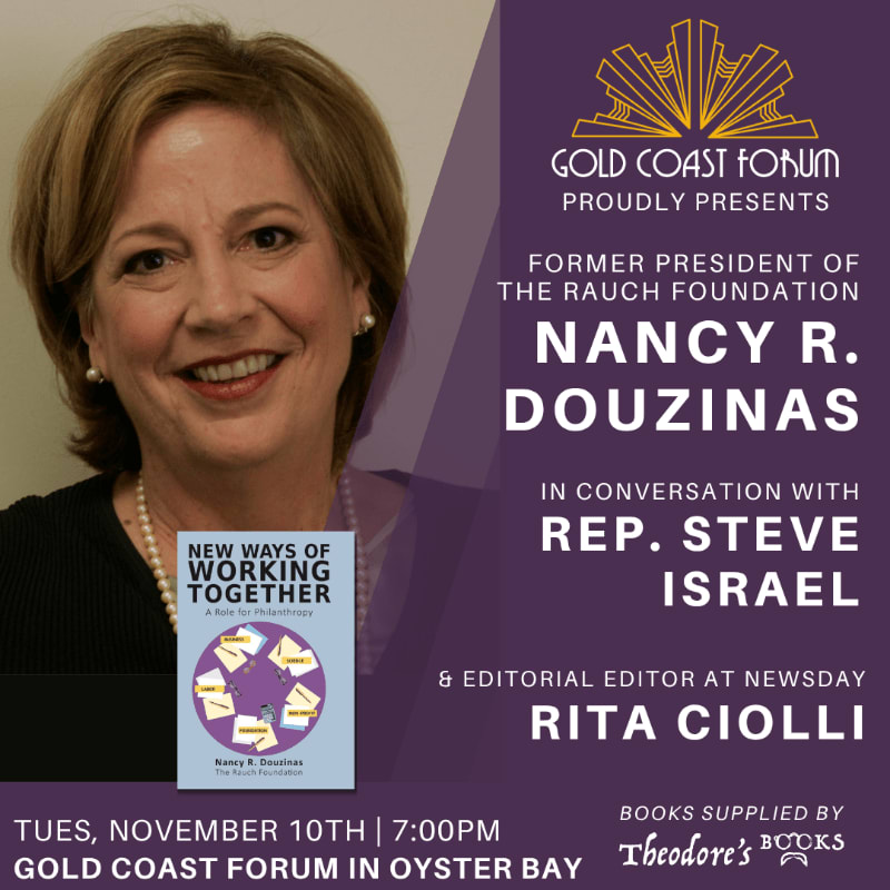 A smiling woman and her book are in the foreground, set against a split background of a neutral wall and a purple promotional flyer for the Gold Coast Forum.