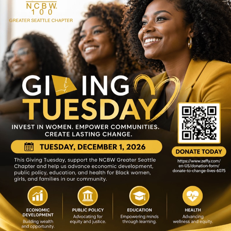 A promotional flyer for Giving Tuesday features three smiling Black women in the foreground against a blurred office background, with text and a QR code detailing a fundraiser for the NCBW Greater Seattle Chapter.