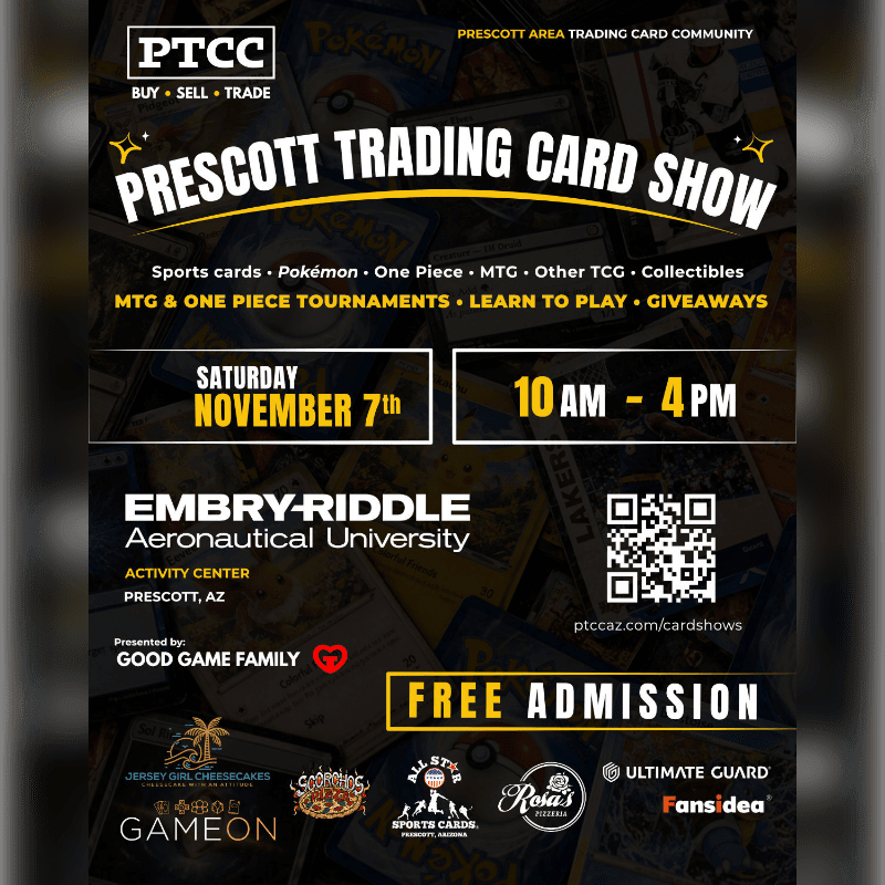 A promotional flyer for the Prescott Trading Card Show features bold white and yellow text in the foreground over a background of various trading cards.