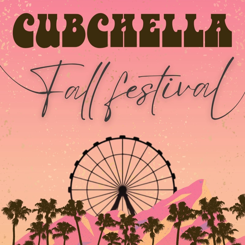 A Ferris wheel and palm trees stand in the foreground against a pink gradient background with "CUBCHELLA Fall Festival" text.