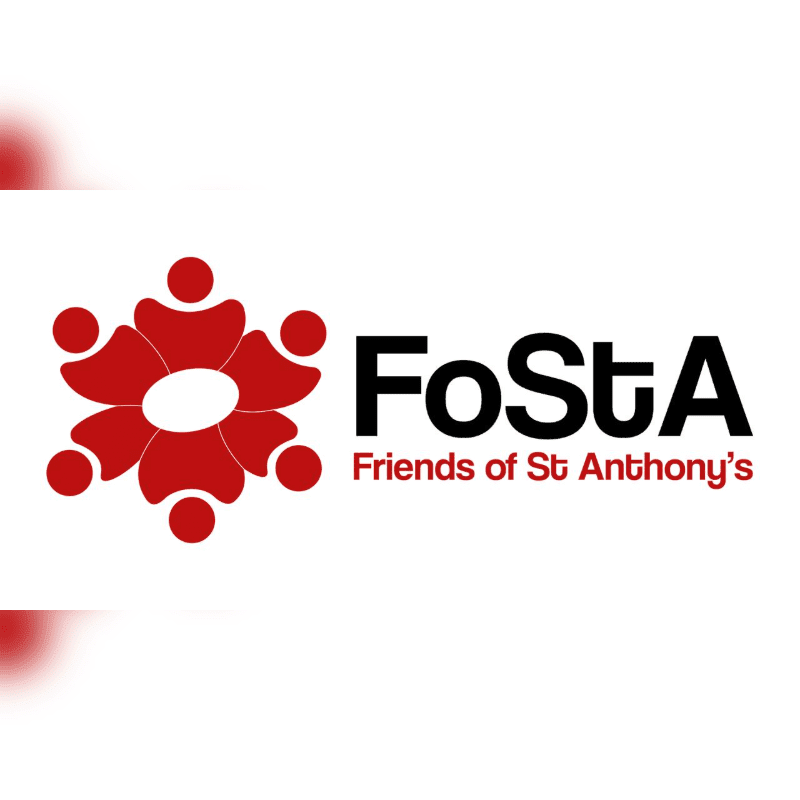 A red circular logo of stylized figures and the text "FoStA Friends of St Anthony's" are centered on a plain white background.