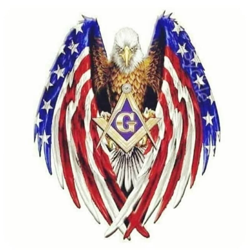 A bald eagle with a Masonic square and compass symbol on its chest is set against a background of the American flag.