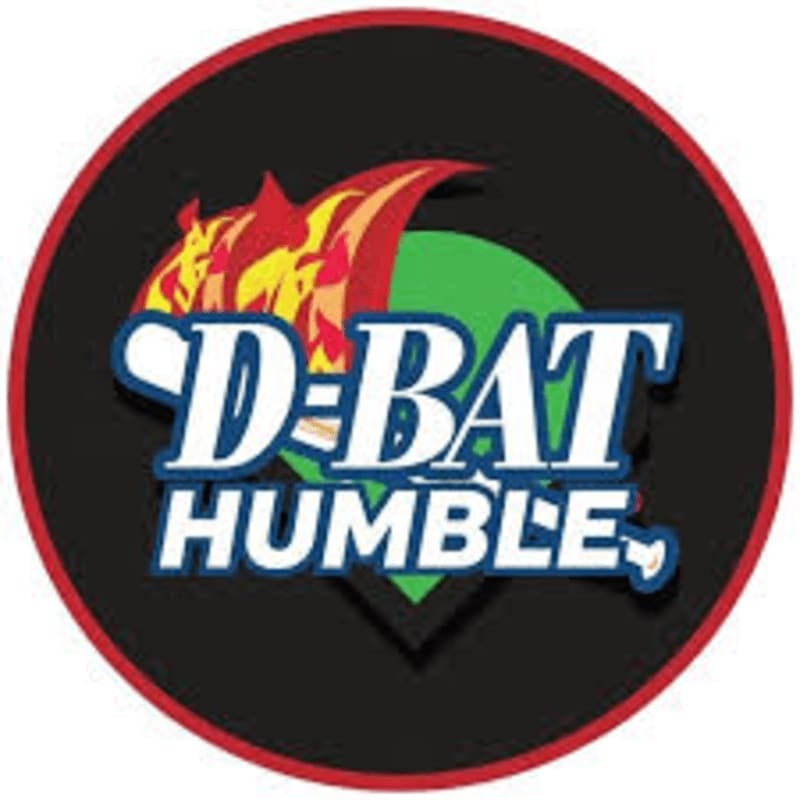 A logo featuring the text "D-BAT HUMBLE" in white and blue over a green shape and red flames, all set against a black circular background with a red border.