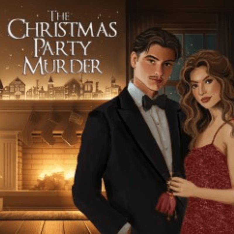 A man in a tuxedo and a woman in a red dress stand in the foreground before a cozy fireplace and a snowy village skyline.