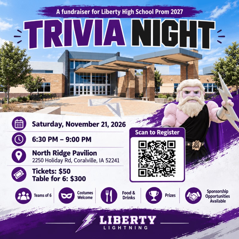 A muscular Zeus figure stands in the foreground of a promotional flyer for a trivia night, set against a background featuring a modern school building and event details.
