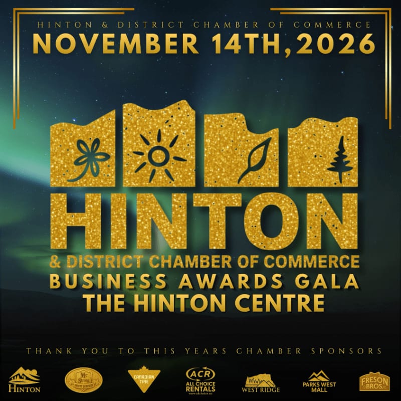 Gold glittery text and graphics for a business awards gala are centered against a dark, starry night sky background.
