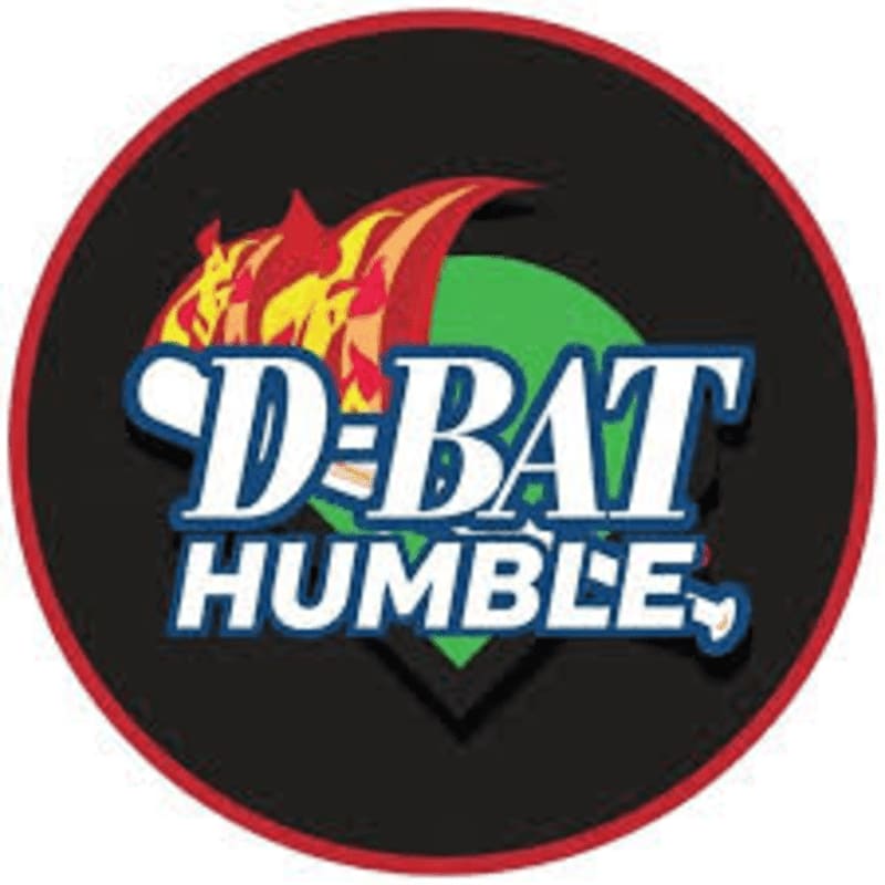 A logo featuring the text "D-BAT HUMBLE" in white and blue over a green shape and red flames, all set against a black circular background with a red border.