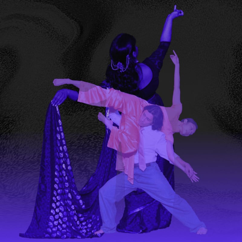 Two dancers perform a dramatic pose in the foreground against a dark, textured purple background.