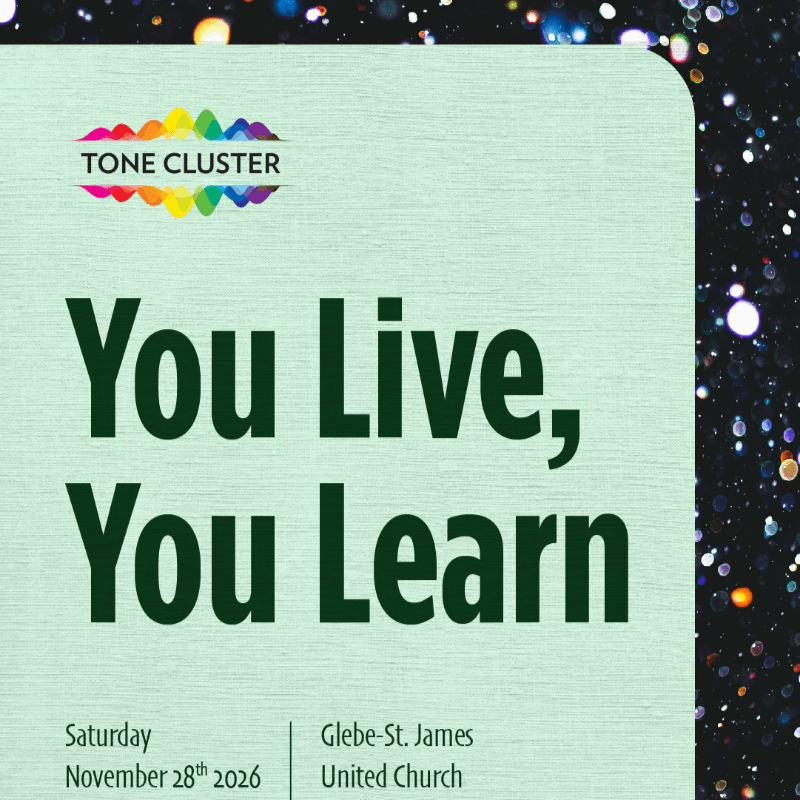A light green textured panel with the text "TONE CLUSTER" and "You Live, You Learn" sits against a dark background filled with shimmering bokeh lights.