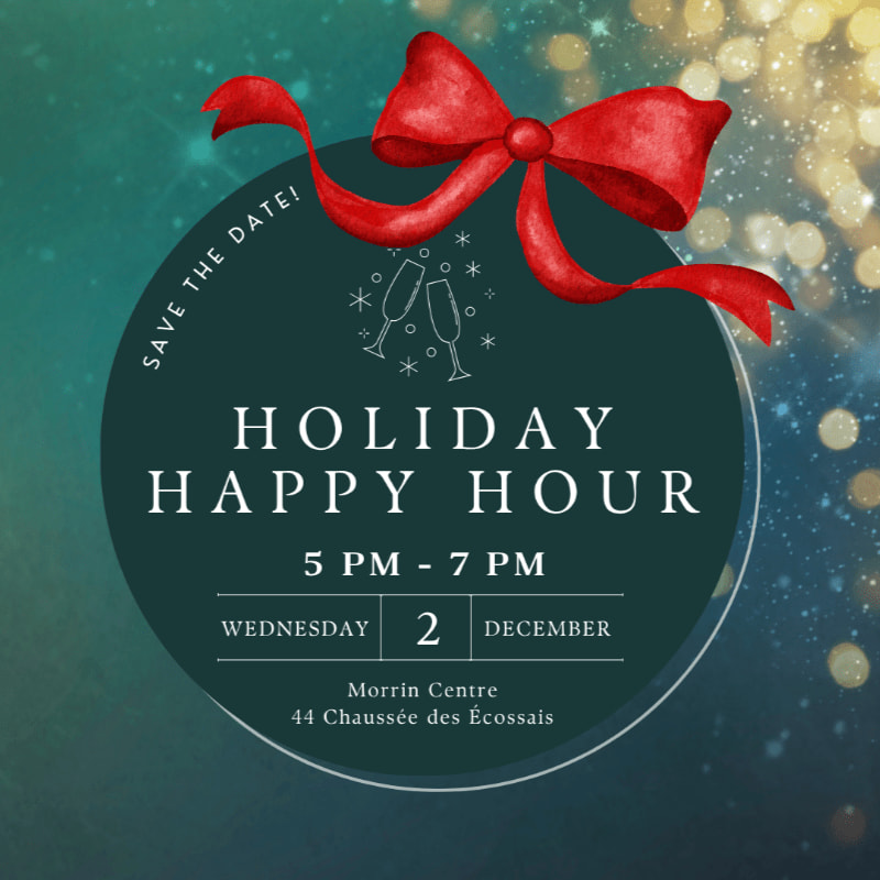 A dark green circular invitation for a "Holiday Happy Hour" topped with a red bow sits against a shimmering, bokeh-lit blue and gold background.