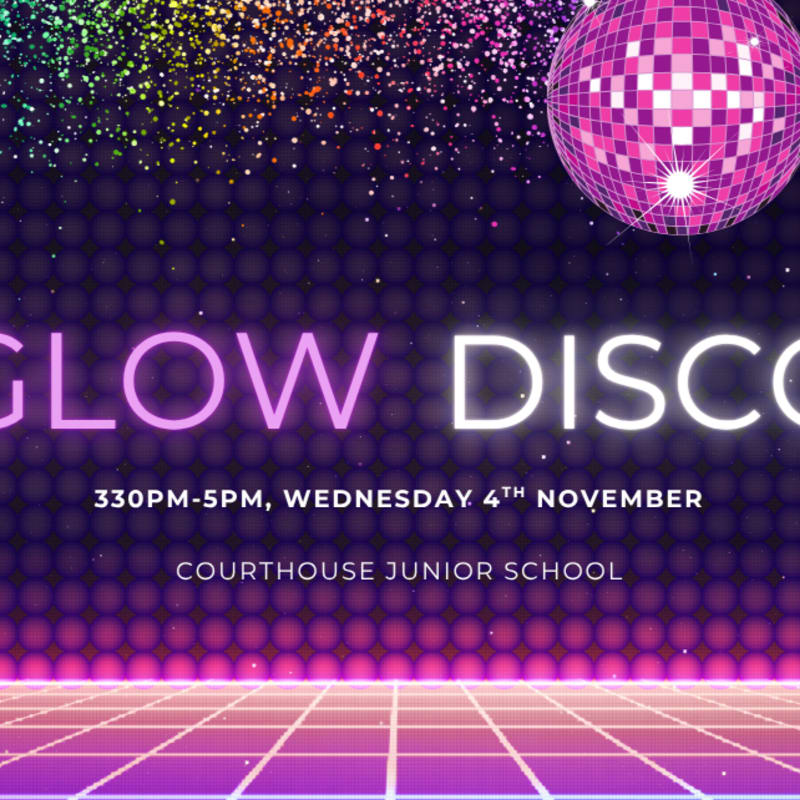 A pink disco ball and event text for a "Glow Disco" sit atop a neon grid floor against a dark, shimmering background.