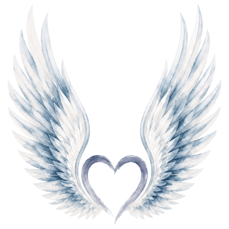 Two blue and white watercolor wings curve to form a heart shape in the center against a plain white background.