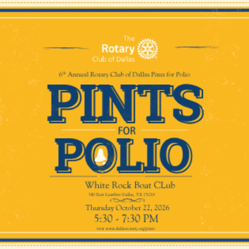 Blue text and logos for a "Pints for Polio" event are centered on a textured yellow background with blue horizontal borders.