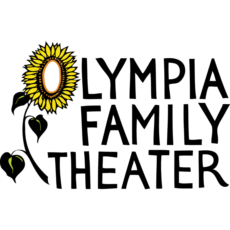 A yellow sunflower and the black text "OLYMPIA FAMILY THEATER" are set against a plain white background.