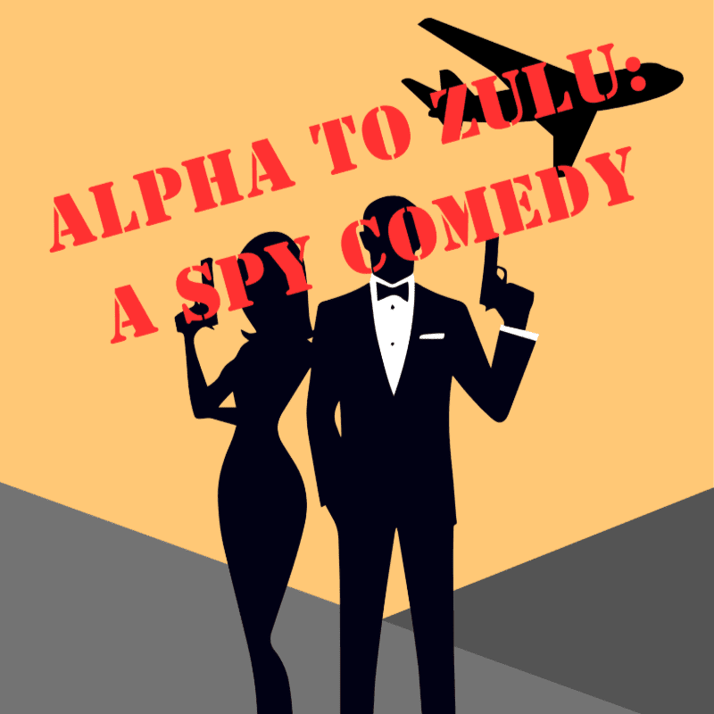 Two spy silhouettes holding guns stand in the foreground against a yellow background featuring a plane and red text.