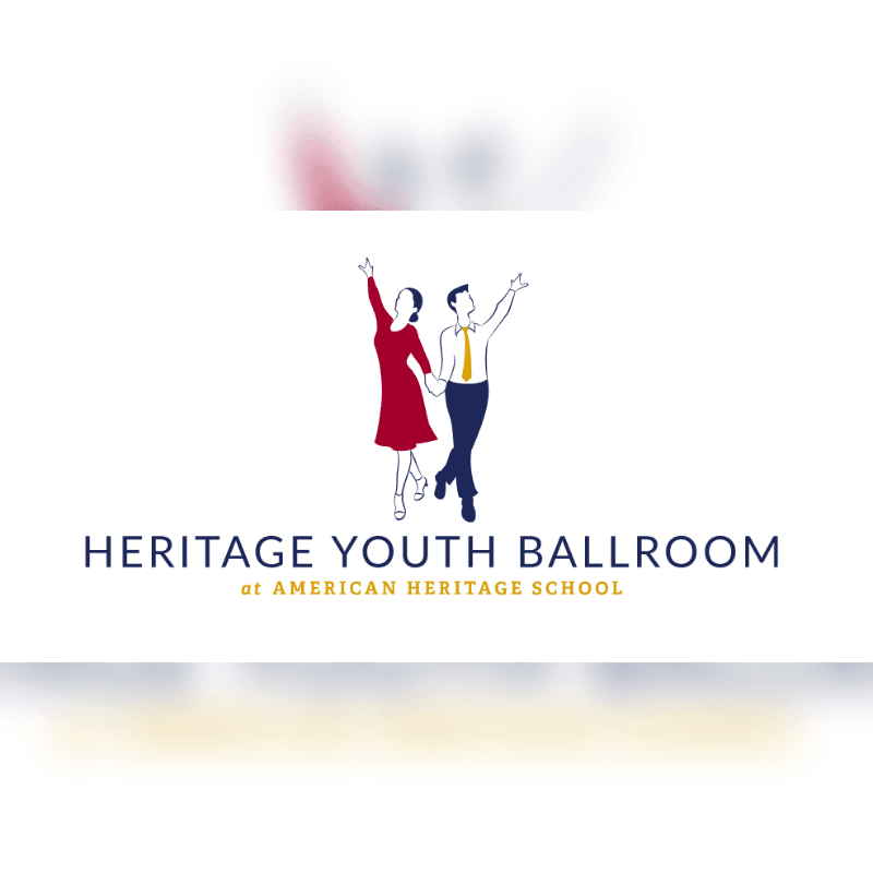 A logo featuring a dancing couple in red and blue attire above the text "HERITAGE YOUTH BALLROOM at AMERICAN HERITAGE SCHOOL" set against a plain white background.